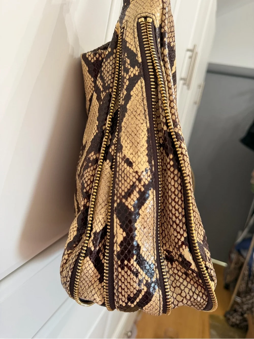 Tory Burch Tan and Brown Snake-Print Shoulder Bag